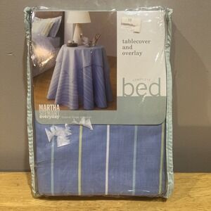 Vtg Martha Stewart Tropical Blue Stripe 70" Round‎ Table Cover & Overlay